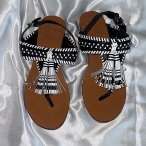 Vince Camino Black and White Leather Tassel Sandals